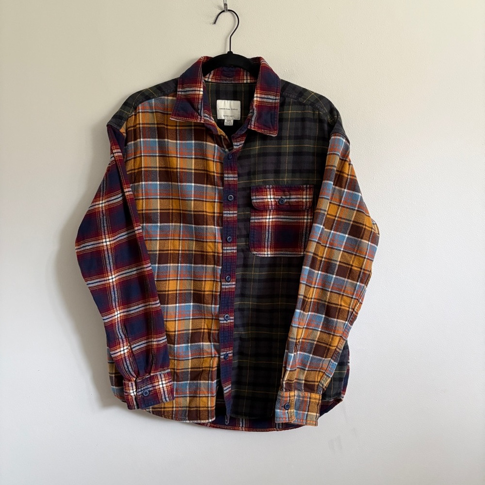 American Eagle Men’s Super Soft Patchwork Flannel Shirt Medium Plaid Multicolor